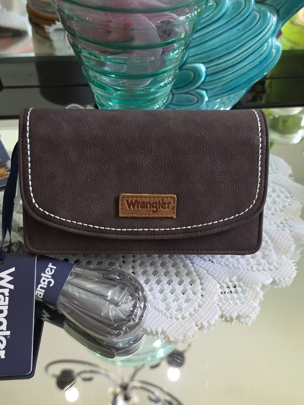 Perfect Size Wrangler Brown Fold-Over Wallet Crossboy with Contrast Stitching